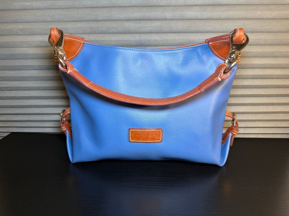Dooney & Bourke Blue Pebble Grain Leather Hobo Shoulder Bag Purse Brown Trim